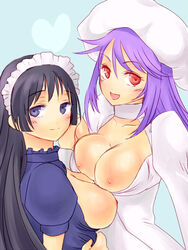 2girls atwight_eks black_hair blue_eyes blush breasts choker hat marian_fustel multiple_girls open_mouth purple_hair red_eyes smile tales_of_(series) tales_of_destiny