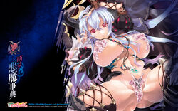 blue_hair bottomless breasts copyright_notice copyright_request demon_girl hand_in_hair highres horns huge_breasts legs long_hair maebari miwa_yoshikazu moeru!_akuma_jiten ofuda red_eyes solo spread_legs succubus thick_thighs thighs translation_request wallpaper watermark web_address