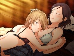 2girls bra breasts character_request female game_cg hair_ornament hand_holding liar-soft lying multiple_girls nipples okujou_no_yurirei-san on_back school_uniform short_hair skirt smile tired yuri