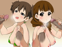 areolae bikini bikini_top breasts breath brown_eyes brown_hair censored double_handjob female handjob human human_only jun_suzuki_(k-on!) k-on! large_breasts long_hair male micro_bikini motion_lines multiple_girls multiple_penises penis short_hair straight swimsuit tsubaki_(tsubakiyasan) wakaoji_ichigo_(k-on!)