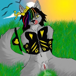 anibel anthro canine fur furry highlights morning panties pussy pussy_juice rainbow sitting tongue underwear valley wet