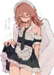 ... 1boy angel_devil_(chainsaw_man) black_necktie bunchi chainsaw_man clothes_lift cowboy_shot crossdressing crossdressing_(mtf) detached_collar dress dress_lift femboy frilled_dress frills hair_between_eyes highres maid maid_headdress male male_maid male_only medium_hair necktie orange_eyes orange_hair otintin simple_background sketch solo sweat tie white_background