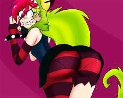 ass bent_over big_ass cartoon_network cartoon_network_latin_america_original_productions clothed clothing crazy crazy_female crazy_smile demencia_(villainous) different_eye_color dinosaur_hoodie female female_only green_hair heterochromia hoodie jeezersart long_hair red_hair sharp_teeth skirt tagme tank_top villainous zipper