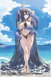 absurdly_long_hair antlers arm_up armpits azur_lane barefoot beach bikini black_bikini black_hair blue_eyes blue_sky breasts cg cleavage closed_mouth cloud crossed_legs day female full_body golden_hind_(azur_lane) horns large_breasts legs long_hair looking_at_viewer mole navel o-ring o-ring_bikini ocean official_art outdoors sky solo standing stomach swimsuit tentacle thighs very_long_hair water watson_cross wet