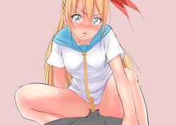 assertive blonde_hair blue_eyes blush bottomless censored cowgirl_position eye_contact hair hair_ribbon kappasota_(katte_ni_kappa) kirisaki_chitoge long_hair looking_at_another looking_at_viewer nisekoi open_mouth penetration penis pov pov_eye_contact ribbon school_uniform see-through serafuku sex shounen_jump sitting_on_person spread_legs straddle vaginal_penetration