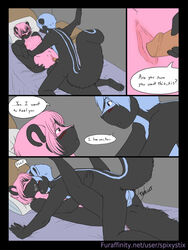 2012 balls blue blue_eyes blue_hair blush breasts brother brother_and_sister clitoris clitskunk comic cute devon_(nikora_angeli) dialogue digital english_text erection female hair incest keri_(nikora_angeli) male nikora_angeli nude on_bed open_mouth penis pink pink_hair pussy sex short_hair siblings sister smile spix spixystix straight stripes text tongue twincest twins young