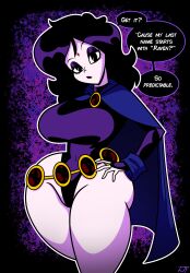 annoyed artist_signature belly_button belt belt_accessory big_breasts big_thighs black_eyes black_hair black_lips black_lipstick blue_cape breasts cape child_bearing_hips cloak cosplay costume dc dc_comics deadpan expressionless eyelashes eyeshadow female fourth_wall gold_belt gold_jewelry goth goth_girl gothic gothic_girl halloween halloween_2025 hand_on_hip hi_res highres hips jewel_on_forehead jeweled_belt jewelry large_breasts latex latex_clothing leotard light-skinned_female light_skin looking_at_viewer makeup one_piece_suit original original_character pale-skinned_female pale_skin purple_background pussy raven_(cosplay) raven_(dc) rustysh4ckl3ford shaded shiny_clothes shiny_eyes shiny_hair shiny_lips short_hair simple_background simple_shading speech speech_bubble superhero_costume superheroine teen_titans text text_bubble thick_thighs thunder_thighs tight_clothing vagina violetta_ravenwing voluptuous voluptuous_body voluptuous_female white_skin white_skinned_female wide_hips