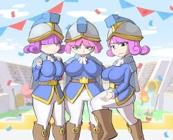 3girls arena big_breasts blurry_background blushed boots breasts cape cel_shading clash_(series) clash_royale clothed crowd cyan_eyes dark_star_odyssey day detailed_background female female_focus female_only fully_clothed hair_over_eyes hand_on_hip headwear hi_res light-skinned_female light_skin looking_at_viewer magenta_hair musketeer_(clash_royale) no_visible_eyes outdoors pink_hair pressing_breasts_together purple_hair short_hair smile smiling smiling_at_viewer smug standing suit supercell thick_thighs three_musketeers_(clash_royale) trio watermark wide_hips