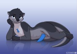 2025 3_toes absurd_res anthro artist_name azoomer black_eyebrows black_nose blue_body blue_eyes blue_fur blue_penis blue_tuft closed_smile erection eyebrows feet fur gay gay_anal gay_male gay_sex genitals gradient_background grey_body grey_fur hi_res homosexual homosexual_male looking_at_viewer lying male male/male male_penetrated mammal mouth_closed multicolored_body multicolored_fur mustelid navel nude nude_anthro nude_male on_side otter penis raised_eyebrow reflection reflective_floor simple_background smile solo solo_male tail text toes tuft