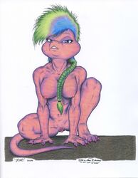 1990s 1999 20th_century blue_hair braids breasts crouching desiree_(jmh) female hair james_m_hardiman lizard long_hair looking_at_viewer muscles nude pussy scalie solo