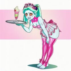ai_assisted ai_generated android angry blue_hair blue_skin blush cameltoe cyberpunk:_edgerunners cyberpunk_2077 feet female kokenaart latex maid maid_uniform painted_nails rebecca_(edgerunners) robot_joints stirrup_legwear thighhighs translucent_clothing twintails