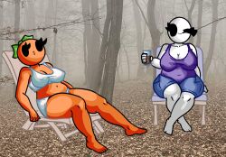 2girls :3 bald bald_female belly belly_button black_eyes breasts chetoh chubby chubby_female claire_(chetoh) cleavage egg female female_focus female_only fog foggy foggy_background forest holding holding_drink holding_object leaf leaf_hair looking_at_viewer mandy_(chetoh) oc orange orange_body original original_character original_characters photo_background relaxing shorts sitting sitting_on_chair smile smiling smiling_at_viewer toes trees white_body white_outfit wink winking winking_at_viewer