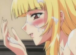 after_sex animated arigatou_kafun_shoujo blonde_hair blush cum cum_on_body cum_on_hair cum_on_hand cum_on_upper_body facial kafun_shoujo_chuuihou kafun_shoujo_chuuihou! licking long_hair red_eyes rui_(kafun_shoujo_chuuihou!) smile sweat the_pollinic_girls_attack! tongue