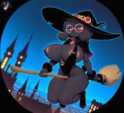 ai_generated anthro areola areola_slip big_breasts breasts broom broom_riding canid canine canis city cleaning_tool clothing curvy_figure domestic_dog eyewear female flying fur glasses hair hi_res mammal nipples poodle solo wide_hips witch