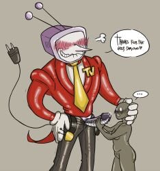 anon antennae_(anatomy) big_male big_penis deltarune jacob's_ladder leaking_precum letttusse male oc_x_canon penis precum robot_penis self_insert size_difference staring_at_penis tail tenna_(deltarune) text text_bubble tv_head y/n you