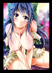 1girls bare_shoulders blue_hair blush bow breasts cum cum_on_body cum_on_breasts cum_on_upper_body facial female hairbow highres long_hair navel nipples reiha_(penetrate) solo touhou utsuho_reiuji yellow_eyes