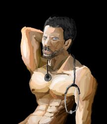 1boy 2025 2d 2d_(artwork) abs beard black_background blank_background gregory_house house_(series) male_abs male_focus middle_aged_male snine solo solo_male stethoscope topless_male