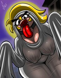 anthro anthrofied blonde_female blonde_hair breasts close-up close_up close_up_face close_up_view closeup closeup_view curvy curvy_figure face_close-up face_closeup face_focus female ghost ghost_costume goomba goombella halloween halloween_costume huge_breasts huge_thighs humanoid mario_(series) nintendo open_mouth paper_mario paper_mario:_the_thousand-year_door sticking_out_tongue sticking_tongue_out super_mario_bros. supermoonshroom tongue_out