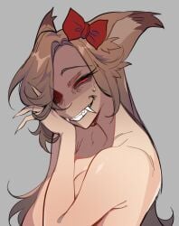1girls bare_arms bare_midriff bare_shoulders bow breasts brown_hair canine_humanoid clavicle cleavage evil_grin evil_smile fangs female female_focus female_only fox_ears foxtrot_(glacierclear) glacierclear hair_over_one_eye kemonomimi kitsune kitsunemimi light-skinned_female long_hair looking_at_viewer medium_breasts midriff naked no_visible_genitalia nonsexual nonsexual_nudity nude posing posing_for_the_viewer red_eyes smile smiling smiling_at_viewer solo solo_female solo_focus strawberry_cheesecake_(glacierclear) tasteful tasteful_nudity topless topless_female upper_body vampire yandere