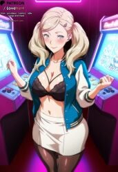 ai_generated ann_takamaki aqua_eyes atlus bangs black_bra black_pantyhose blonde_hair blue_eyes blush bra breasts brown_pantyhose cleavage closed_mouth coin collarbone female hair_ornament hairclip holding indoors jacket lace-trimmed_bra large_breasts letterman_jacket long_hair long_sleeves looking_at_viewer lovehent navel open_clothes open_jacket pantyhose persona persona_5 skirt smile solo standing swept_bangs twintails underwear white_skirt