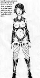 1girls 2011 begbierentonspud big_breasts black_hair breasts dialogue female female_only femsub fishnets high_heeled_boots hypnosis mind_control nipples personality_change pussy quorra solo solo_female submissive_female text traditional_media_(artwork) tron tron_legacy