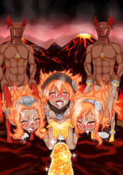 2boys 3girls blush breasts cum cum_in_mouth cum_in_pussy cum_on_face dark_skin duel_monster eyes facial female hair hood laval_forest_sprite laval_lakeside_lady laval_volcano_handmaiden long_hair male mouth multiple_girls multiple_males nipples nude red_eyes red_hair sex skin tears yu-gi-oh!