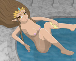 barefoot bath breasts brown_eyes brown_hair earrings feet female long_hair nintendo nipples nude pointy_ears princess_zelda sitting solo suktar the_legend_of_zelda twilight_princess water zelda_(twilight_princess)