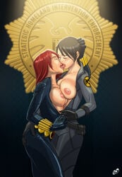 2girls ass_grab avengers black_hair black_widow_(marvel) bodysuit breasts breasts_out closed_eyes female female_only french_kiss lesbian long_hair maria_hill marvel marvel_comics multiple_girls natasha_romanoff nipples red_hair s.h.i.e.l.d. short_hair tinkerbomb unzipped yuri