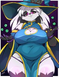 1girls 2025 anthro asian_clothing bear big_breasts black_body black_fur black_hair bracelet breasts chalo chinese_clothing chinese_dress cleavage cleavage_cutout clothed clothing cocoa_(las_lindas) curvy_figure cutout dice dress east_asian_clothing eyebrow_through_hair eyebrows eyewear female female_only fingers fur giant_panda glasses hair half-length_portrait halloween hat headgear headwear hi_res huge_breasts jewelry las_lindas long_hair looking_at_viewer mammal multicolored_hair portrait red_eyes signature slightly_chubby smiling smiling_at_viewer solo thick_thighs translucent translucent_hair two_tone_hair voluptuous white_body white_fur white_hair wide_hips witch_hat