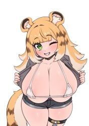 1girls alternate_breast_size beige_hair beige_tail big_breasts big_head black_shorts breasts busty female female_focus female_only flashing flashing_at_viewer flashing_breasts fluffy_tail front_view full_cleavage green_eyes huge_breasts ju_fufu large_breasts light-skinned_female light_skin long_cleavage looking_at_viewer massive_breasts one_eye_closed presenting presenting_breasts round_ears shiny_breasts shorts shortstack skindentation small_but_busty solo string_bikini tail thick_thighs thigh_strap thighs two-tone_hair two-tone_tail two_tone_hair two_tone_tail white_bikini whomperfruit wide_hips wink winking winking_at_viewer zenless_zone_zero