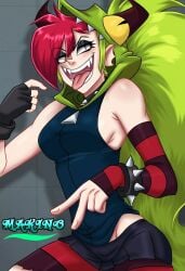 breasts cartoon_network cartoon_network_latin_america_original_productions clothed clothing crazy crazy_female crazy_smile demencia_(villainous) different_eye_color dinosaur_hoodie female female_only green_hair heterochromia hoodie long_hair makino_gallegos red_hair sharp_teeth skirt tagme tank_top villainous zipper