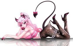 1girls absurd_res big_breasts black_sclera breasts clothed clothing demon_girl elf elf_ears evelynn_(vtuber) female female_focus female_only high_heels highres indie_virtual_youtuber lace_pantyhose_hooked_on_heel_(meme) large_breasts long_ears long_hair meme pale-skinned_female panties pantyhose pink_eyes pink_hair pointy_ears ponytail reflection shinra_izuku simple_background succubus succubus_tail tail virtual_youtuber white_background