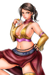 breasts brown_eyes brown_hair cleavage earrings elbow_gloves erect_nipples female female_only gloves human jewelry large_breasts looking_at_viewer midriff nail_polish namco navel short_hair smile solo tekken tekken_6_bloodline_rebellion tekken_tag_tournament_2 zafina_(tekken)