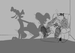 1girls 2025 2boys anthro armchair balls being_watched big_balls big_penis canid canine canis chair cigar cigar_in_mouth clasped_hands clothing cuckold disney domestic_cat domestic_dog felid feline felis female furniture genitals gloves goof_troop goofy_(disney) group handwear huge_balls huge_cock humor husband_and_wife kingjion looking_at_another male male/female mammal necktie object_in_mouth observing peg_pete penis pete_(disney) recliner shadow silhouette smoking smoking_cigar suit swingers tongue tongue_out trio