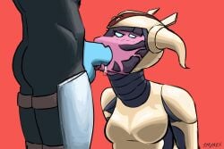 alien alien_girl anthro armor awoken balls blue_eyes blue_skin clothed clothed_sex destiny_(game) destiny_(video_game) destiny_2 eliksni eliksni_(species) fallen fangs female female_focus forced forced_oral human human_on_anthro interrogation interspecies interspecies_sex male male/female oral oral_penetration oral_sex penis purple_body strykersart teeth teeth_showing throat throat_bulge throat_fuck titan_(destiny)