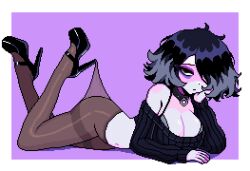 1girls big_breasts breasts choker cleavage e-girl egirl female goth goth_girl hair_over_one_eye heels high_heels highres lace_pantyhose_hooked_on_heel_(meme) large_breasts laying_on_stomach liz_(yumykon) lying lying_on_stomach medium_hair midriff navel original pale-skinned_female pale_skin pantyhose pixel_art ripping_clothes ripping_clothing ripping_pants simple_background thick thick_thighs thighs yumykon