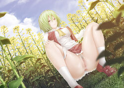 1girls anus ascot blue_sky breasts cloud female flower_field green_hair large_breasts open_vest panties panties_around_leg panties_around_one_leg pubic_hair pussy red_eyes shirt short_hair skirt skirt_lift sky solo spread_legs squatting tamamono_atae touhou uncensored underwear youkai yuka_kazami