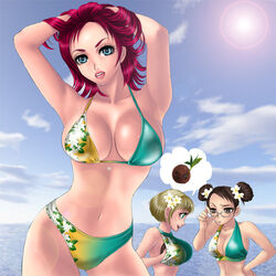 1041_(toshikazu) 3girls beach bikini blue_eyes bob_cut cleavage double_bun european female female_only glasses hualin_(soul_calibur) italian lynette_(soul_calibur) multiple_girls soul_calibur soul_calibur_iii valeria_(soul_calibur)