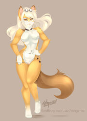 anthro blonde_hair breasts collar eyewear feline female female_only fluffy_tail fur furry glasses hair looking_at_viewer magenta_(artist) nude orange_eyes pussy solo tan_fur white_fur