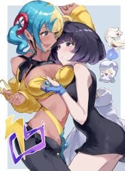 2girls :d ass black_dress black_hair black_pants blonde_hair blue_eyes blue_hair bob_cut breasts canari_(pokemon) canary_(pokemon) cleavage commentary_request dark-skinned_female dark_skin dress female game_freak gradient_hair gwynn_(pokemon) highres hitomoshi interracial jojobirdz large_breasts litwick looking_at_another mask muku_(pokemon) multicolored_clothing multicolored_hair multicolored_mask multicolored_pants multiple_females multiple_girls nintendo open_fly pants pokemon pokemon_(creature) pokemon_legends:_z-a purple_eyes purple_hair shibishirasu short_hair short_twintails small_breasts smile split-color_hair twintails two-tone_clothing two-tone_mask two-tone_pants tynamo yuri