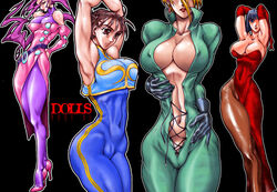 4girls anna_williams black_hair blonde_hair bodysuit breasts busty chun-li cleavage erect_nipples female gloves high_heels human jumpsuit large_breasts multiple_girls muscle nina_williams pantyhose purple_hair rose_(street_fighter) shoes skin_tight street_fighter street_fighter_alpha street_fighter_alpha_2 street_fighter_alpha_3 tekken voluptuous yuri-ai