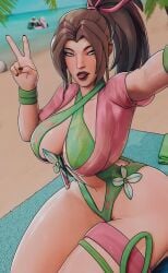 1boy 1girls 3d breasts exposed_hips female hip_cleavage large_breasts light-skinned_female light_skin male marvel marvel_comics marvel_rivals psylocke psylocke_(sai)_(breezy_butterfly) sfrinzy solo_focus swimsuit thick_thighs thighs venom_(marvel_rivals) wide_hips