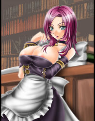 1041_(toshikazu) 1girls apron aqua_eyes areola_slip areolae arm_under_breasts big_breasts blush breast_hold breasts bursting_breasts erect_nipples european female green_eyes huge_breasts italian long_gloves long_hair maid nipples purple_hair solo soul_calibur soul_calibur_iii valeria_(soul_calibur) voluptuous