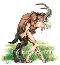 2boys anal anal_penetration anal_sex blonde_hair boner closed_eyes connychiwa erection fictional_interracial gay greek_mythology grey_hair handjob holding_penis horns_and_hooves human humansub licking_back long_hair male male/male male_on_male male_only mouth_open nude outdoors penetration reach_around satyr sex