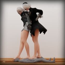 1boy 2girls 3d anon blindfold breasts clothing feet feet_focus female foot_fetish giantess hairband kenaga large_female light-skinned_female light_skin male mini_giantess nier nier:_automata short_hair size_difference stepped_on white_background white_hair yorha_2b yorha_a2