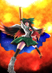 arm_cannon big_breasts black_hair boots cape explosion fully_clothed hairbow kurenai_yuuji long_hair open_mouth red_eyes skirt solo thighhighs touhou utsuho_reiuji weapon wings