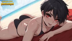 1boy ai_generated beach big_ass bikini black_bikini blush emo femboy flat_chest huge_ass looking_at_viewer lying male ocean open_mouth outdoors piercing pixelsenpai red_eyes round_ass selfie smile solo towel watermark