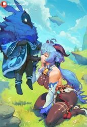 1boy 1girls abyss_mage abyss_mage_(genshin_impact) after_fellatio ai_generated black_body blue_hair breasts closed_eyes cum cum_in_mouth cum_on_breasts cum_on_face dark-skinned_male dark_penis dark_skin dress_lift female field floating fur ganyu_(genshin_impact) genshin_impact goat goat_horns hand_on_penis handjob horn horns hoyoverse jerkingoff_another kneeling larger_female lucakp male mask masked_male mihoyo monster monster_cock patreon patreon_link patreon_logo patreon_url patreon_username penis ponytail smaller_male sucking sucking_penis tagme