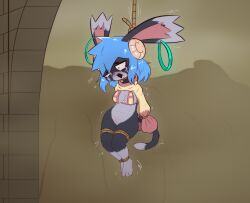 3_toes absurd_res anthro asphyxiation atlyss blue_hair bodily_fluids bottomless bottomless_female bound breasts bridge clothed clothing constricted_pupils dipstick_tail drooling dying e254e ear_piercing ear_ring execution feet female fog genitals hair hanged hi_res markings mountain natural_breasts noose pear-shaped_figure piercing poon_(atlyss) pupils pussy ring_piercing rope ryona saliva small_pupils solo struggling suffering tail tail_markings toes tongue tongue_out vivian_(atlyss) vulva wide_hips