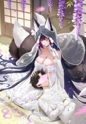 1boy absurdly_long_hair animal_ear_fluff animal_ears azur_lane bare_shoulders black_hair blunt_bangs blurry blush breasts bridal_veil bride cg cleavage closed_eyes closed_mouth collarbone dress facial_mark falling_petals female flower fox_ears fox_girl fox_tail frills gem gloves hair_ornament husband_and_wife indoors jacket jewelry kitsune kyuubi lap_pillow large_breasts long_hair long_sleeves lying lying_on_lap male military military_jacket military_uniform multi_tail musashi_(azur_lane) musashi_(purest_wisteria)_(azur_lane) naval_uniform official_alternate_costume on_back ornate_ring pants parted_lips petals purple_flower purple_gemstone purple_hair ring see-through shouji sitting sliding_doors smile straight strapless tail tatami veil very_long_hair wedding_dress wedding_ring whisker_markings white_dress white_gloves white_jacket white_pants wisteria_(flower)